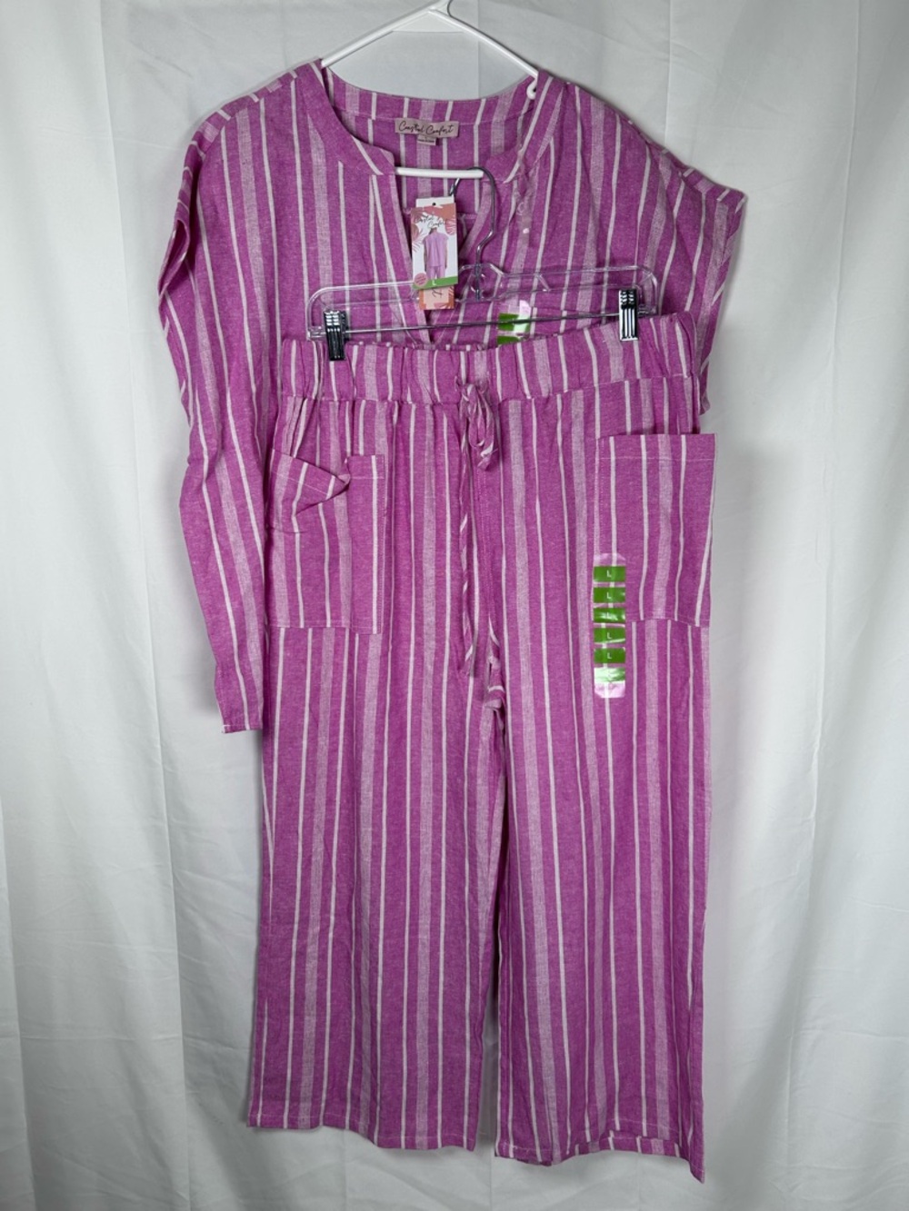Coastal Comfort Linen Blend Striped Set Women’s Large Pink Cropped Pants